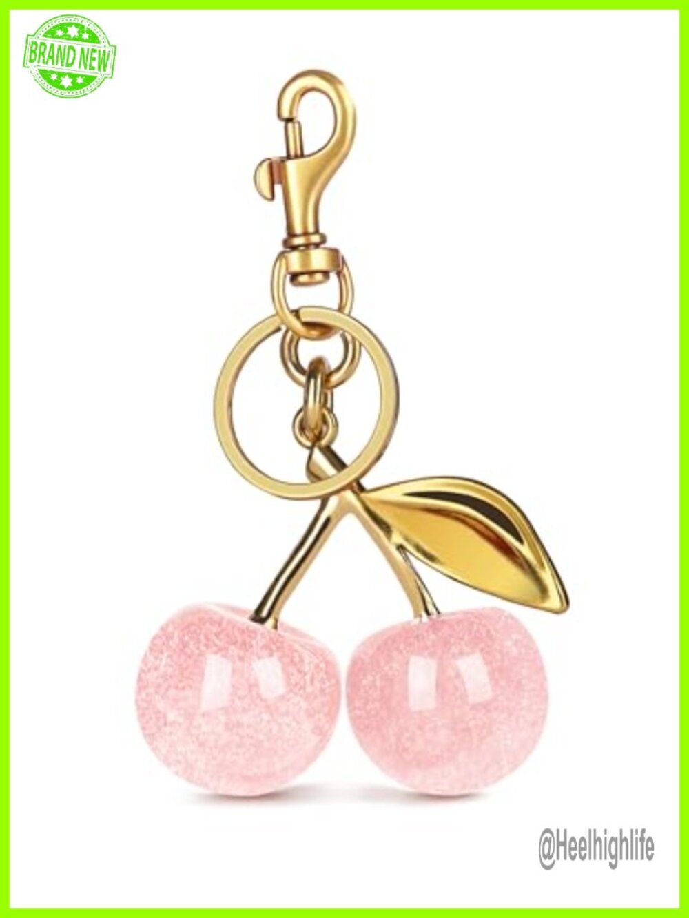 Sparkling Resin Cherry Bag Charm Keychain with Antique Gold Layer for Handbags